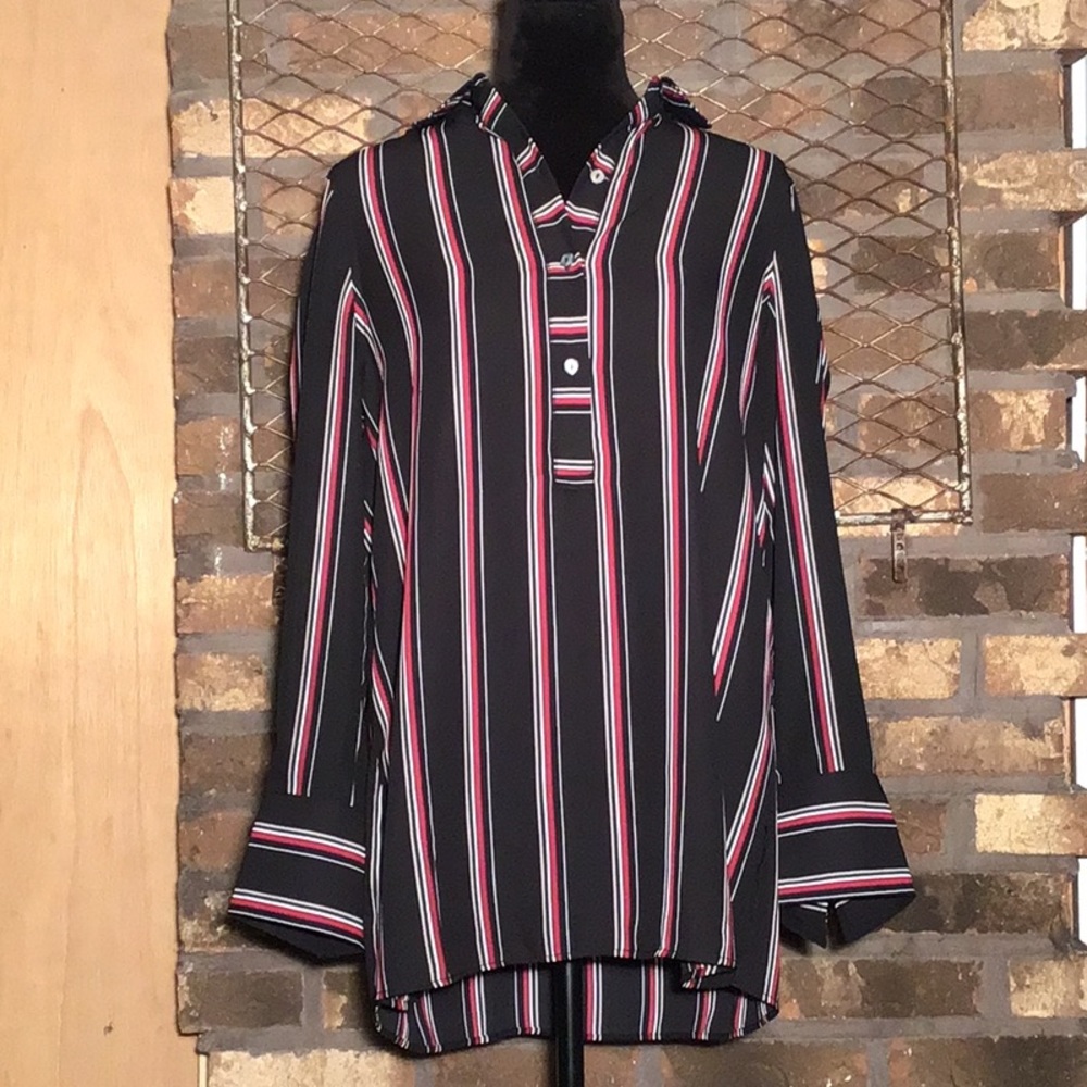 Max Studio hi low blouse black maroon white tan stripes M
